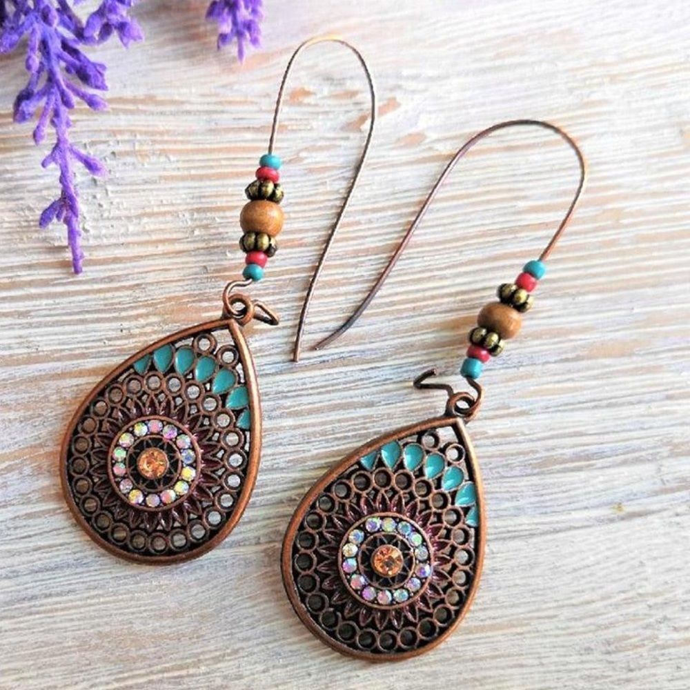 Vintage Copper Toned Teardrop Rhinestone Bead Earrings